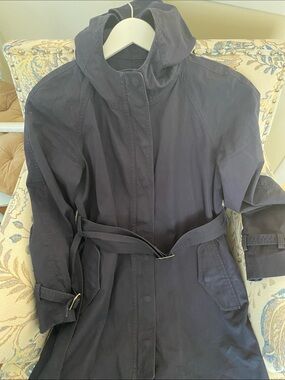 J. Crew Cotton Navy Hooded Belted Women’s Spring Parka Jacket Size 6 Gold Zipper